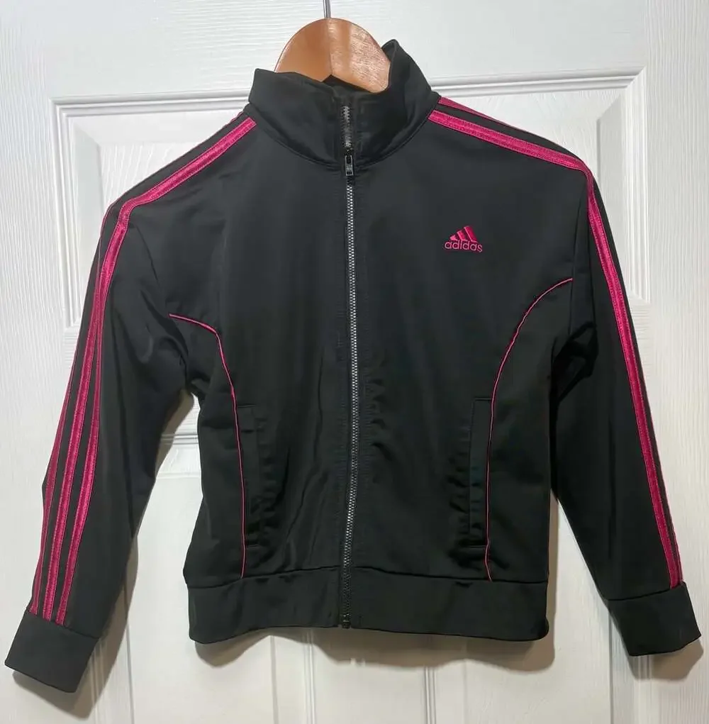 Adidas Track Jacket Size 7/8 Black Pink Full Zip Kids Size Small plus